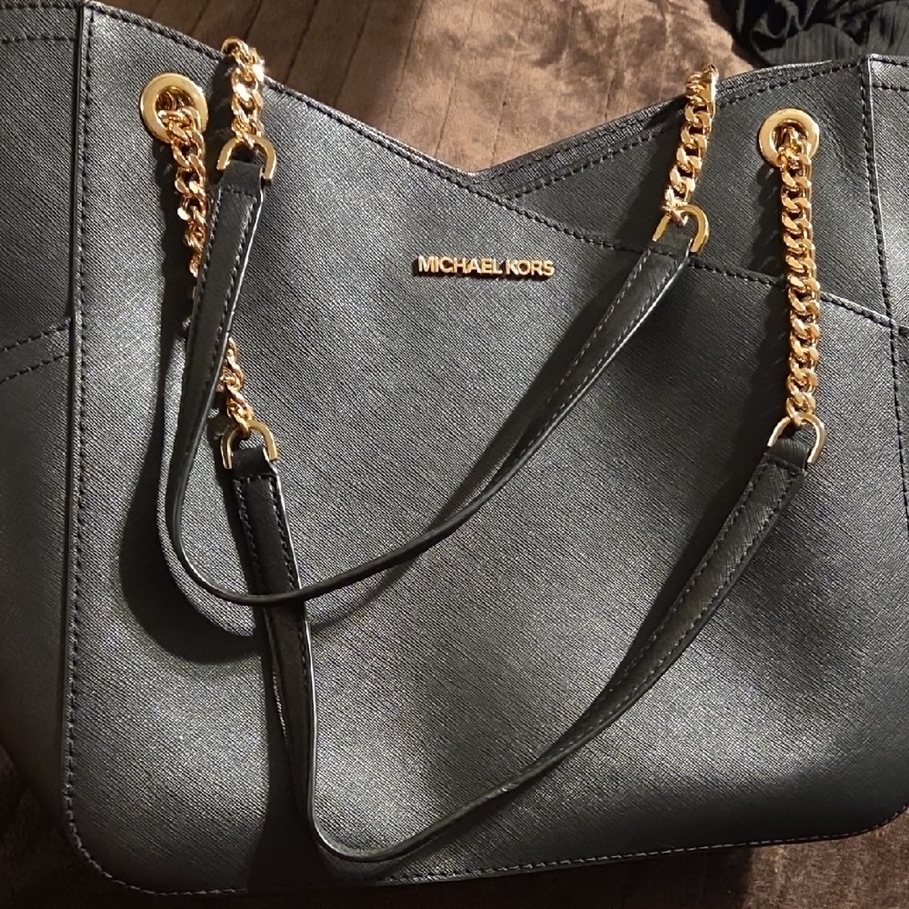 Michael Kors Black Leather Tote with Gold Chain Straps